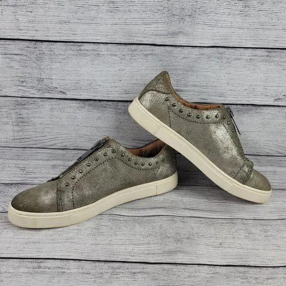 frye & co. Leather Zip Front Sneakers Victoria Moto Stud Metallic - Picture 5 of 10